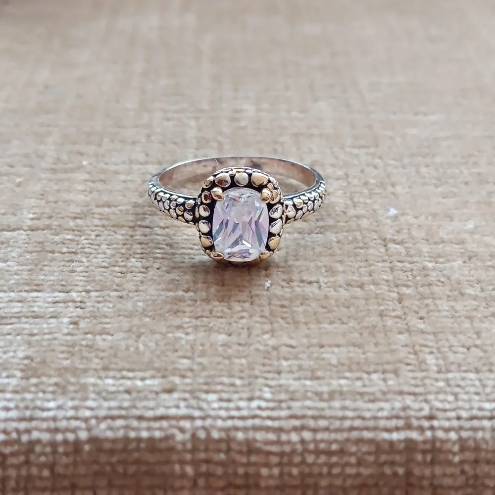 Rhinestone Pebbled Gold and Silver Textured Silver Ring